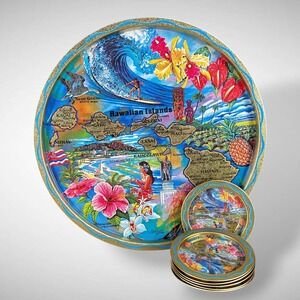 Hawaii Souvenir Tray Coaster Set 7pc Tiki Surf Map 1960s Vintage Bar Decor